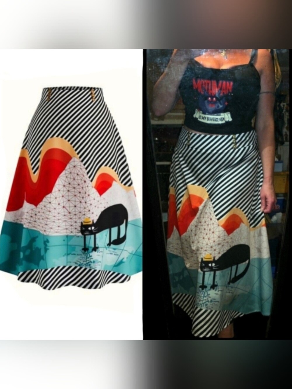 Blk White Geometric & Horizontal Stripes Blk Cat Beret Graphic Skirt 2X/16 NWOT